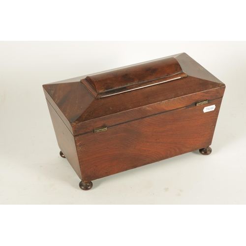 583 - A LATE REGENCY MAHOGANY SARCOPHAGUS TEA CADDY with a rounded panelled top above a fitted interior of... 