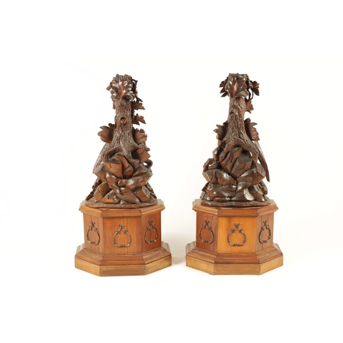 585 - A LARGE PAIR OF LATE 19TH CENTURY CARVED BLACK FOREST CANDLE STANDS modelled as cock and hen pheasan... 