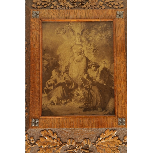 587 - A LATE 19TH CENTURY BLACK FOREST CARVED OAK FRAME with carved leaf work borders inscribed and dated ... 