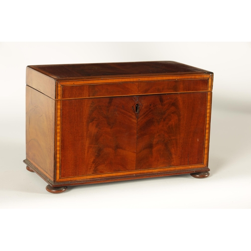 593 - A GEORGE III SATINWOOD STRUNG AND EBONY LINED FIGURED MAHOGANY TEA CADDY the hinged lid enclosing a ... 