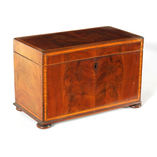 593 - A GEORGE III SATINWOOD STRUNG AND EBONY LINED FIGURED MAHOGANY TEA CADDY the hinged lid enclosing a ... 