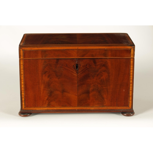 593 - A GEORGE III SATINWOOD STRUNG AND EBONY LINED FIGURED MAHOGANY TEA CADDY the hinged lid enclosing a ... 