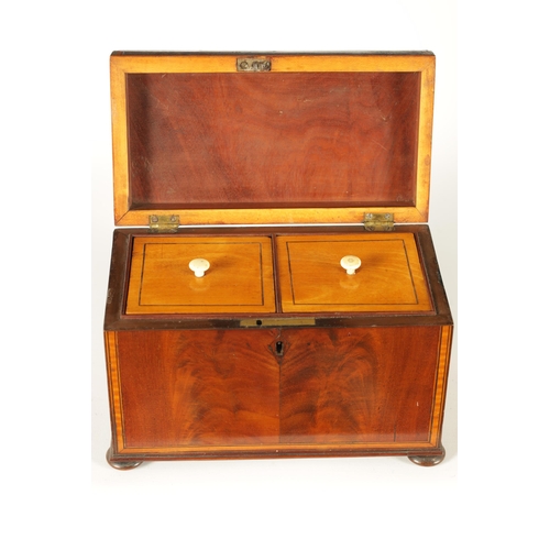 593 - A GEORGE III SATINWOOD STRUNG AND EBONY LINED FIGURED MAHOGANY TEA CADDY the hinged lid enclosing a ... 