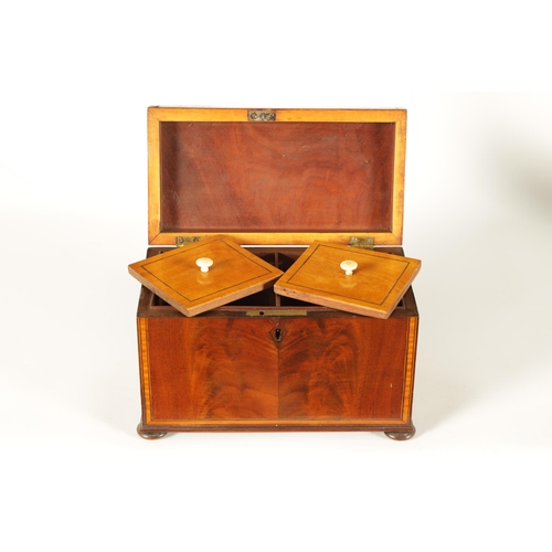 593 - A GEORGE III SATINWOOD STRUNG AND EBONY LINED FIGURED MAHOGANY TEA CADDY the hinged lid enclosing a ... 