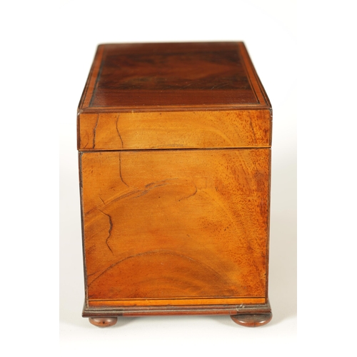 593 - A GEORGE III SATINWOOD STRUNG AND EBONY LINED FIGURED MAHOGANY TEA CADDY the hinged lid enclosing a ... 