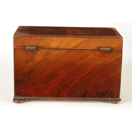 593 - A GEORGE III SATINWOOD STRUNG AND EBONY LINED FIGURED MAHOGANY TEA CADDY the hinged lid enclosing a ... 