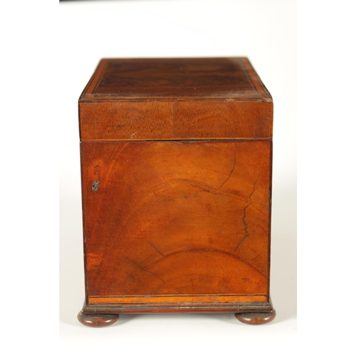 593 - A GEORGE III SATINWOOD STRUNG AND EBONY LINED FIGURED MAHOGANY TEA CADDY the hinged lid enclosing a ... 