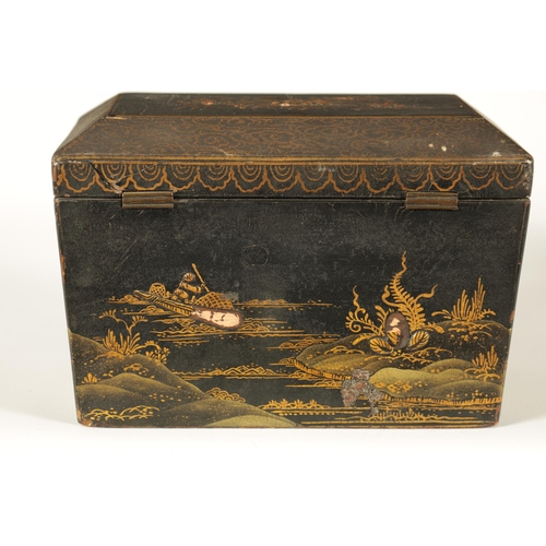 594 - A LATE GEORGIAN BLACK LACQUER AND CHINOISERRIE SARCOPHAGUS TEA CADDY decorated all round pagoda and ... 