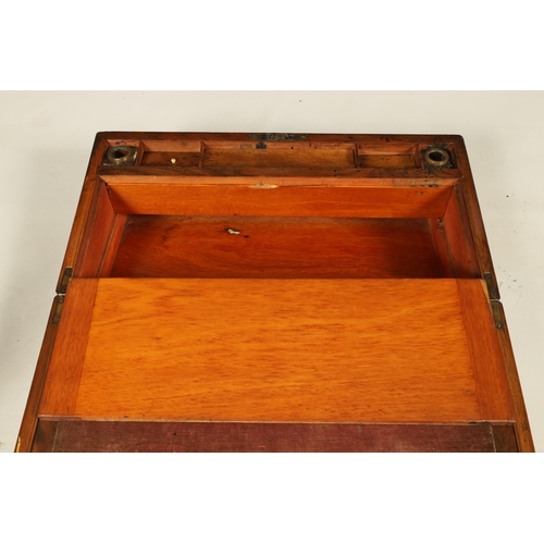 604 - A 19TH CENTURY INLAID WALNUT WRITING BOX with hinged lid opening to reveal a fitted interior with wr... 