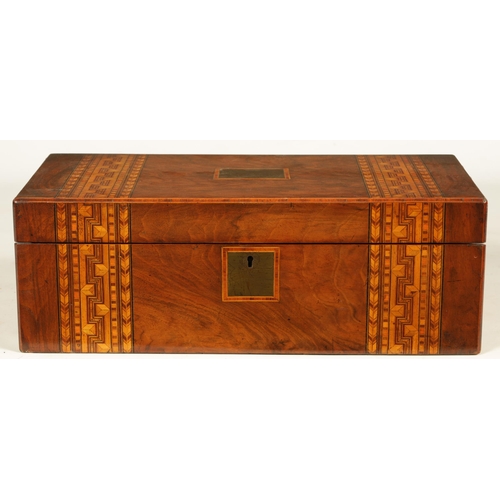 604 - A 19TH CENTURY INLAID WALNUT WRITING BOX with hinged lid opening to reveal a fitted interior with wr... 