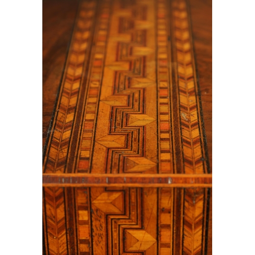 604 - A 19TH CENTURY INLAID WALNUT WRITING BOX with hinged lid opening to reveal a fitted interior with wr... 