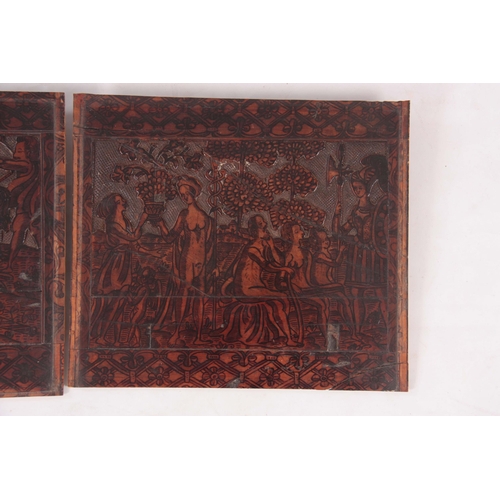 605 - AN INTERESTING PAIR OF 16TH CENTURY ITALIAN CARVED AND INK WORK FRUITWOOD PANELS depicting a castle ... 