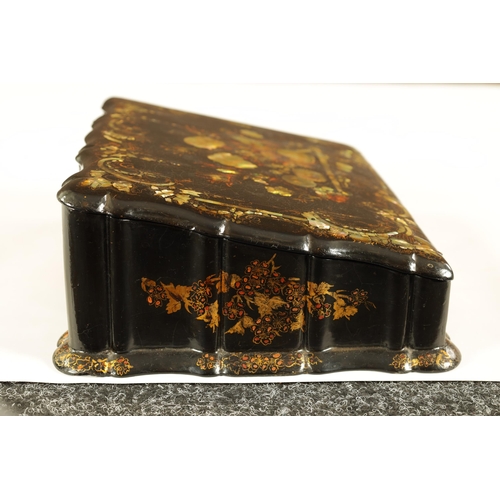 606 - A 19TH CENTURY PAPIER MACHE AND MOTHER OF PEARL INLAID WRITING BOX with gilt and painted decoration,... 