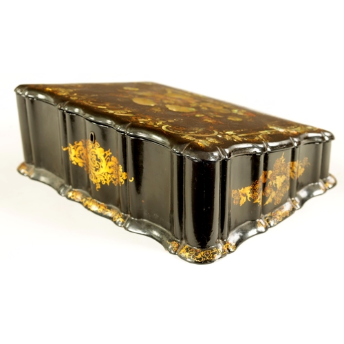 606 - A 19TH CENTURY PAPIER MACHE AND MOTHER OF PEARL INLAID WRITING BOX with gilt and painted decoration,... 