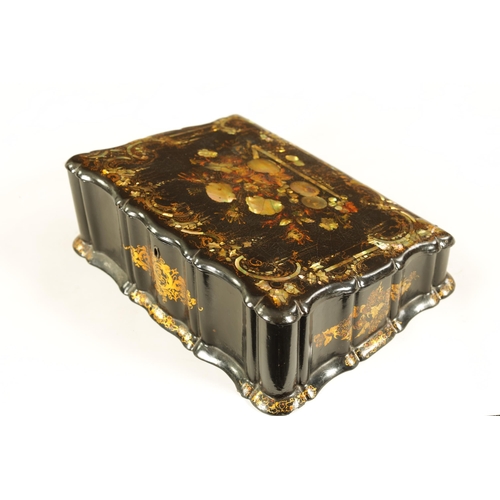 606 - A 19TH CENTURY PAPIER MACHE AND MOTHER OF PEARL INLAID WRITING BOX with gilt and painted decoration,... 