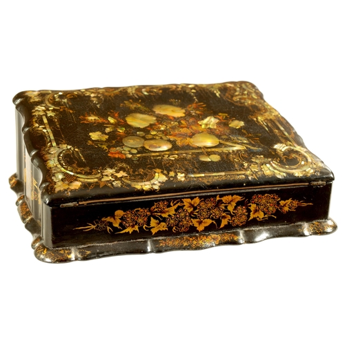 606 - A 19TH CENTURY PAPIER MACHE AND MOTHER OF PEARL INLAID WRITING BOX with gilt and painted decoration,... 