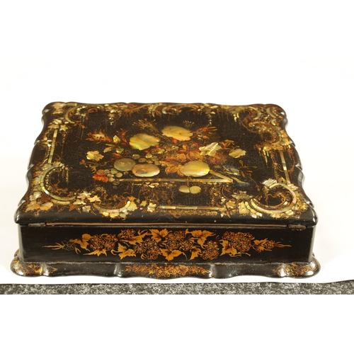 606 - A 19TH CENTURY PAPIER MACHE AND MOTHER OF PEARL INLAID WRITING BOX with gilt and painted decoration,... 