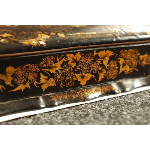 606 - A 19TH CENTURY PAPIER MACHE AND MOTHER OF PEARL INLAID WRITING BOX with gilt and painted decoration,... 