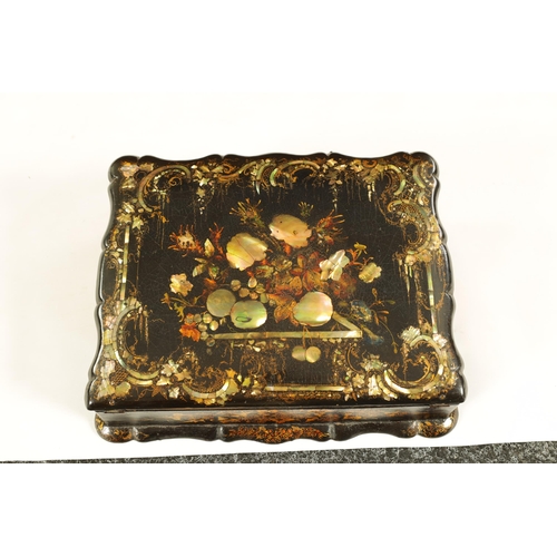 606 - A 19TH CENTURY PAPIER MACHE AND MOTHER OF PEARL INLAID WRITING BOX with gilt and painted decoration,... 