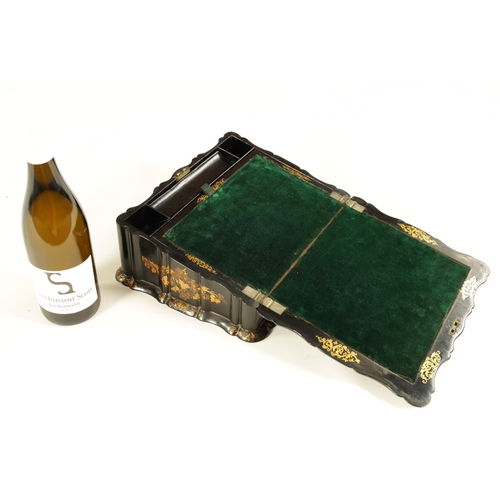 606 - A 19TH CENTURY PAPIER MACHE AND MOTHER OF PEARL INLAID WRITING BOX with gilt and painted decoration,... 