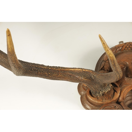 608 - A LARGE 19TH CENTURY MOUNTED BLACK FOREST PAIR OF STAGS HORN ANTLERS joined by a shaped carved walnu... 