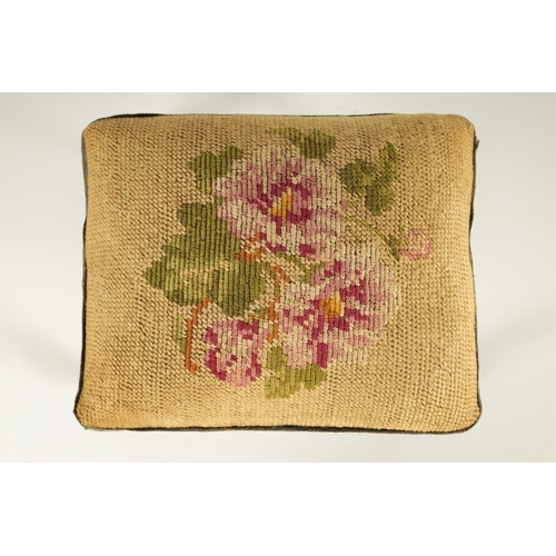 609 - AN EARLY VICTORIAN MAHOGANY MINIATURE NEEDLEWORK STOOL with floral tapestry cover banded border; rai... 