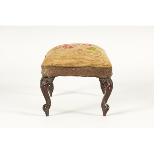 609 - AN EARLY VICTORIAN MAHOGANY MINIATURE NEEDLEWORK STOOL with floral tapestry cover banded border; rai... 