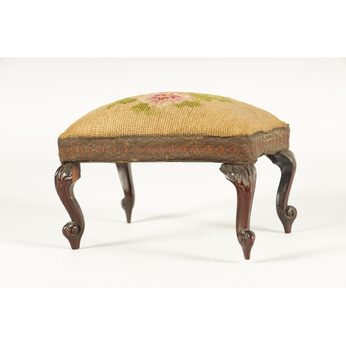 609 - AN EARLY VICTORIAN MAHOGANY MINIATURE NEEDLEWORK STOOL with floral tapestry cover banded border; rai... 