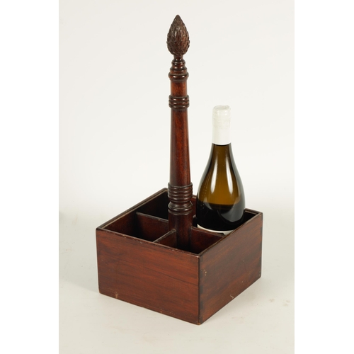 611 - A 19TH CENTURY MAHOGANY DECANTER STAND with pineapple finial and ring turned stem, above a four divi... 