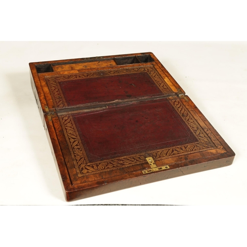 614 - A REGENCY POLLARD OAK WRITING SLOPE the sides with sunken brass handles, the lid with brass plaque o... 