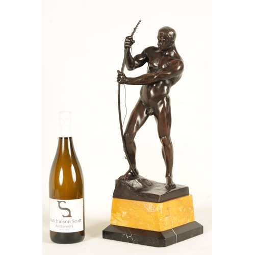 619 - H. RIESE. A STYLISH ART DECO FIGURAL BRONZE OF AN ARCHER stringing his bow - signed and mouted on a ... 