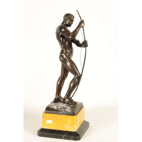 619 - H. RIESE. A STYLISH ART DECO FIGURAL BRONZE OF AN ARCHER stringing his bow - signed and mouted on a ... 