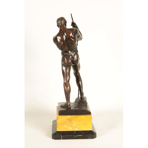 619 - H. RIESE. A STYLISH ART DECO FIGURAL BRONZE OF AN ARCHER stringing his bow - signed and mouted on a ... 