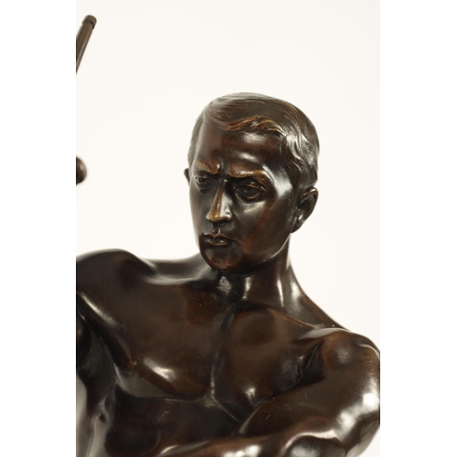 619 - H. RIESE. A STYLISH ART DECO FIGURAL BRONZE OF AN ARCHER stringing his bow - signed and mouted on a ... 