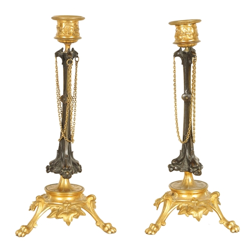 621 - A PAIR OF LATE 19TH CENTURY FRENCH BARBEDIENNE STYLE BRONZE AND ORMOLU CANDLESTICKS with naturalisti... 