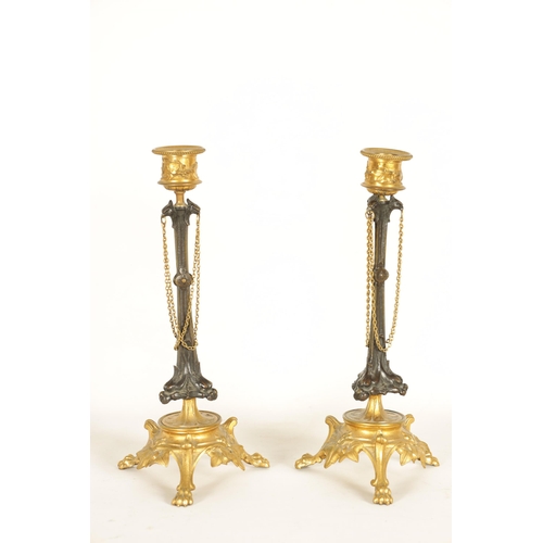 621 - A PAIR OF LATE 19TH CENTURY FRENCH BARBEDIENNE STYLE BRONZE AND ORMOLU CANDLESTICKS with naturalisti... 