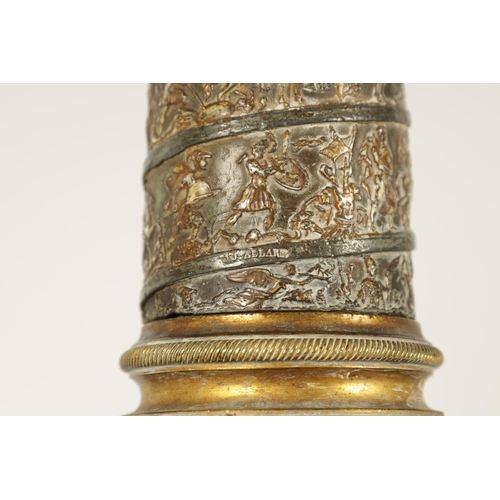 625 - AN UNUSUAL EARLY 19TH CENTURY TOLEWARE AND GILT BRONZE LAMP BASE SIGNED J J.ALLARS MODELLED AS TRAJA... 