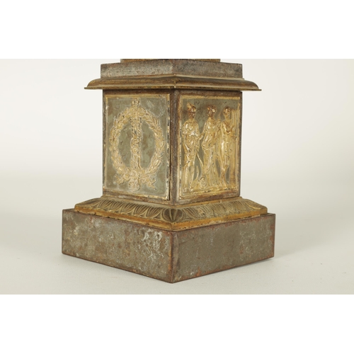 625 - AN UNUSUAL EARLY 19TH CENTURY TOLEWARE AND GILT BRONZE LAMP BASE SIGNED J J.ALLARS MODELLED AS TRAJA... 