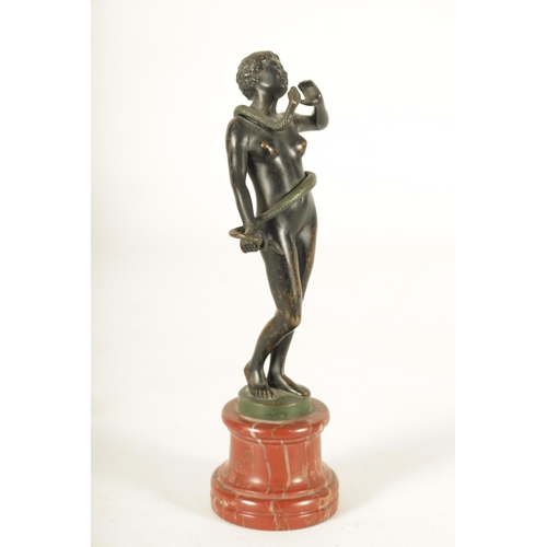 626 - A 19TH CENTURY CONTINENTAL BRONZE STANDING FEMALE FIGURE modelled as a snake charmer; mounted on a c... 