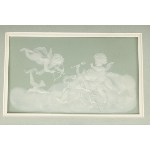 63 - CAMILLE THARAUD LIMOGES. A LATE 19TH CENTURY PATE SUR PATE PALE GREEN GROUND FRAMED PORCELAIN PLAQUE... 