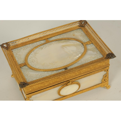 633 - A FINE 19TH CENTURY FRENCH PALAIS ROYAL MOTHER OF PEARL AND GILT ORMOLU SIX BOTTLE PERFUME CASKET th... 