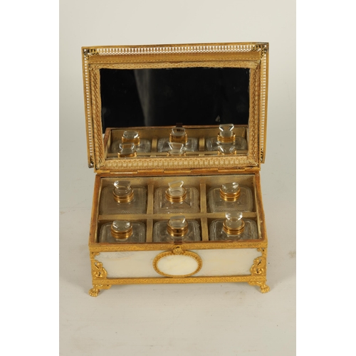 633 - A FINE 19TH CENTURY FRENCH PALAIS ROYAL MOTHER OF PEARL AND GILT ORMOLU SIX BOTTLE PERFUME CASKET th... 