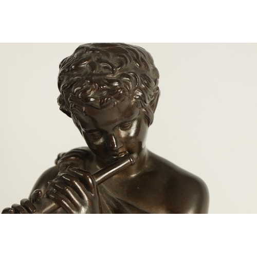 636 - A 19TH CENTURY BRONZE SCULPTURE OF THE SATYR ÒMARSYASÓ PLAYING THE FLUTE leaning against a pillar wi... 