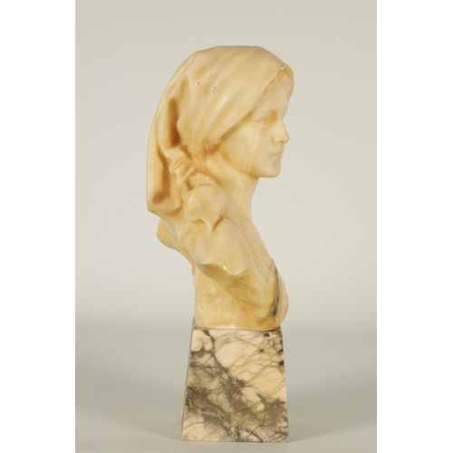 638 - A 19TH CENTURY FRENCH ALABASTER SCULPTURE OF AN ART NOUVEAU YOUNG LADY SIGNED BLASCHE depicted weari... 