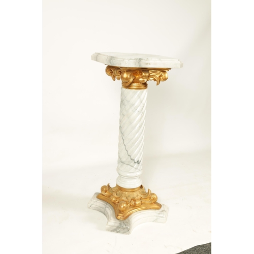 641 - A VEINED GREY MARBLE AND GILT METAL COLUMN PEDESTAL with carved twisted pillar on a gilt leafwork mo... 