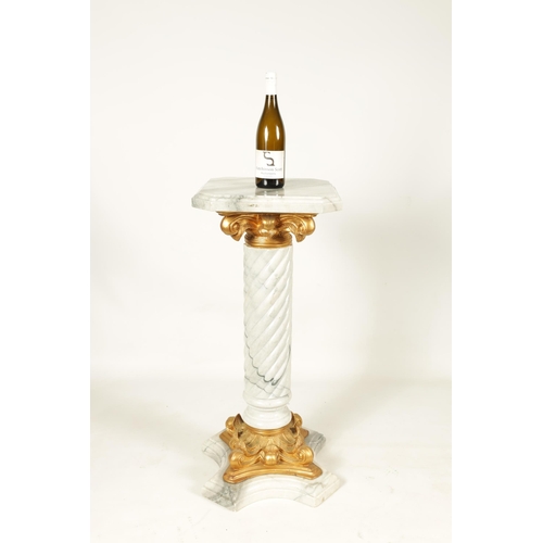 641 - A VEINED GREY MARBLE AND GILT METAL COLUMN PEDESTAL with carved twisted pillar on a gilt leafwork mo... 