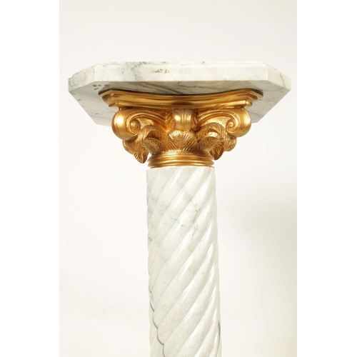 641 - A VEINED GREY MARBLE AND GILT METAL COLUMN PEDESTAL with carved twisted pillar on a gilt leafwork mo... 