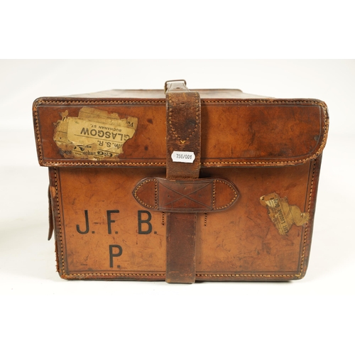 652 - HARDY BROS. ALNWICK. A 19TH CENTURY TAN LEATHER FLY FISHING REEL BAG with tooled edging and straps; ... 