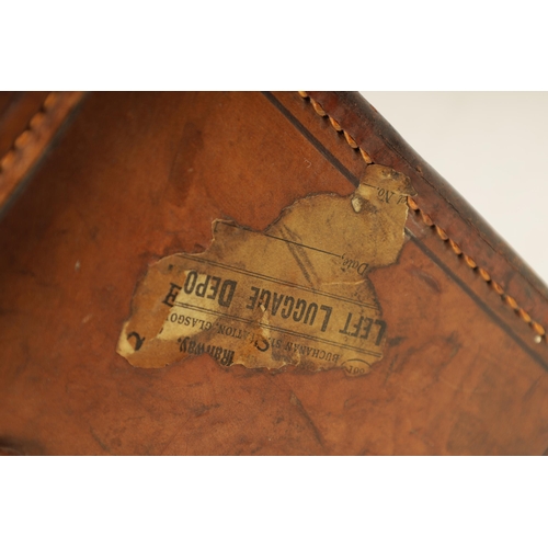 652 - HARDY BROS. ALNWICK. A 19TH CENTURY TAN LEATHER FLY FISHING REEL BAG with tooled edging and straps; ... 