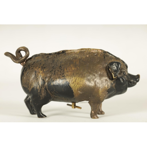 668 - A 20TH CENTURY COLD PAINTED BRONZE COUNTER BELL modelled as a fat bellied pig enclosing a mechanical... 